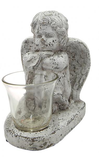 Schutz-Engel Windlicht-Engel sitzend Skulptur wetterfest antik weiß 13 x 19 x 22 cm