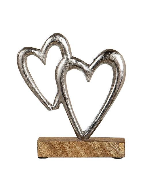zwei Herzen auf Sockel Alu-Herz Dekoherz mit Mangoholz silber natur 27 x 27 cm