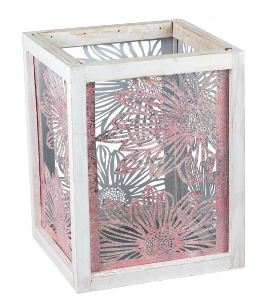 Windlicht mit Metallblumen-Motiv vintage Kerzenhalter retro grau rosa 20 x 28 cm groß