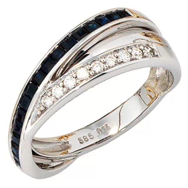 Damen Ring 585 Weißgold 9 Diamanten 0,14ct. 16 Safire blau