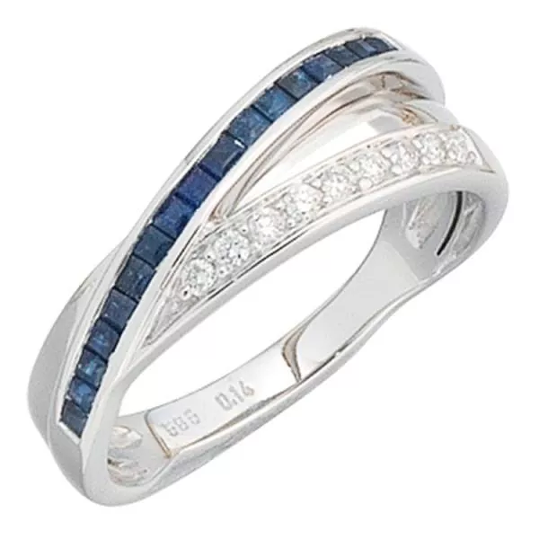 Damen Ring 585 Weißgold 9 Diamanten 0,14ct. 16 Safire blau
