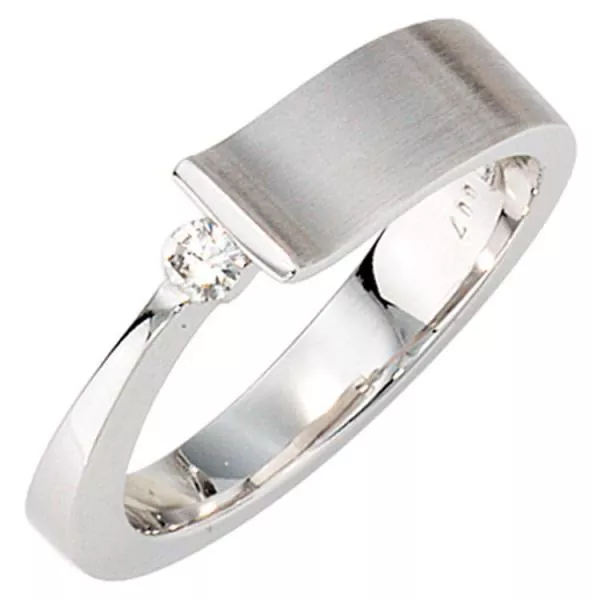 Damen Ring 585 Gold Weißgold, teilmatt 1 Diamant Brillant 0,07ct.
