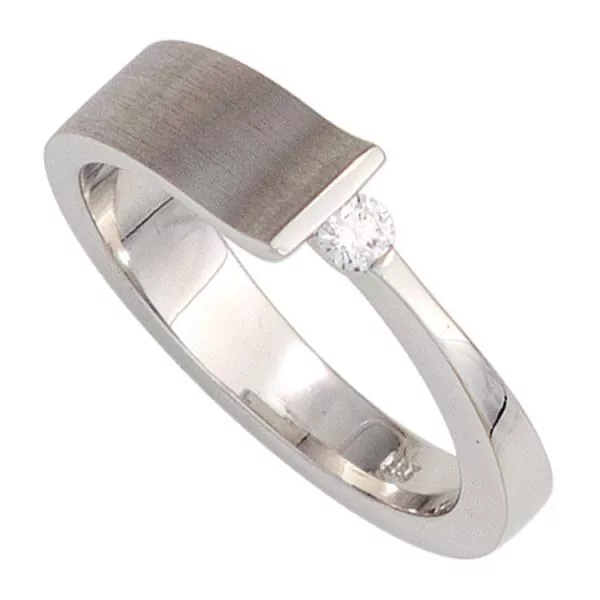 Damen Ring 585 Gold Weißgold, teilmatt 1 Diamant Brillant 0,07ct.