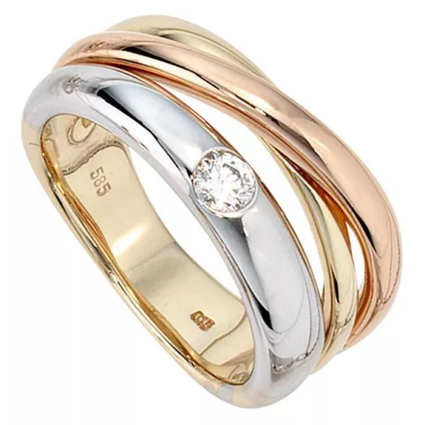 Damen Ring 585 Gold dreifarbig tricolor 1 Diamant Brillant 0,15ct