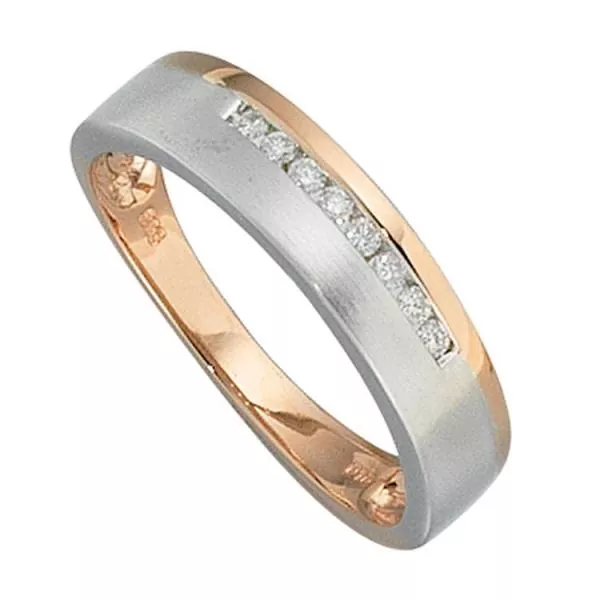Damen Ring 585 Rotgold Weißgold bicolor teilmatt 8 Diamanten