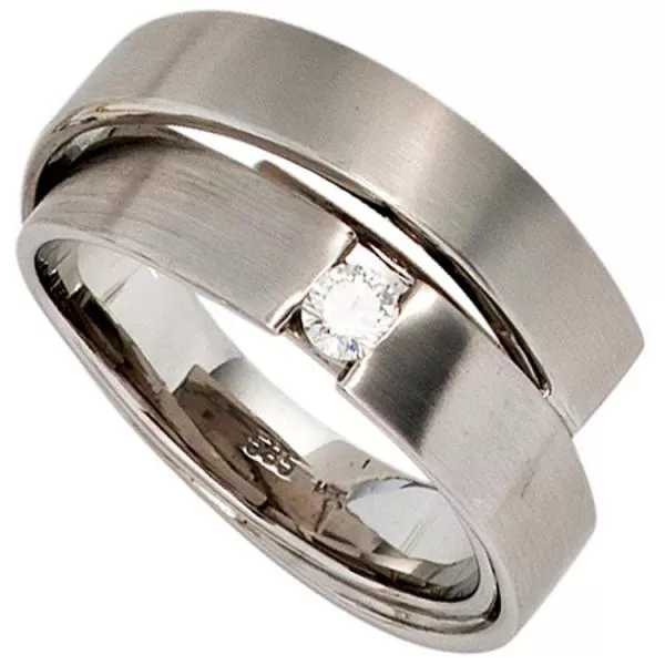 Damen Ring 585 Gold Weißgold, matt 1 Diamant Brillant 0,12ct.