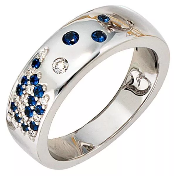 Damen Ring 585 Weißgold Diamanten 0,10ct. 15 Safire blau