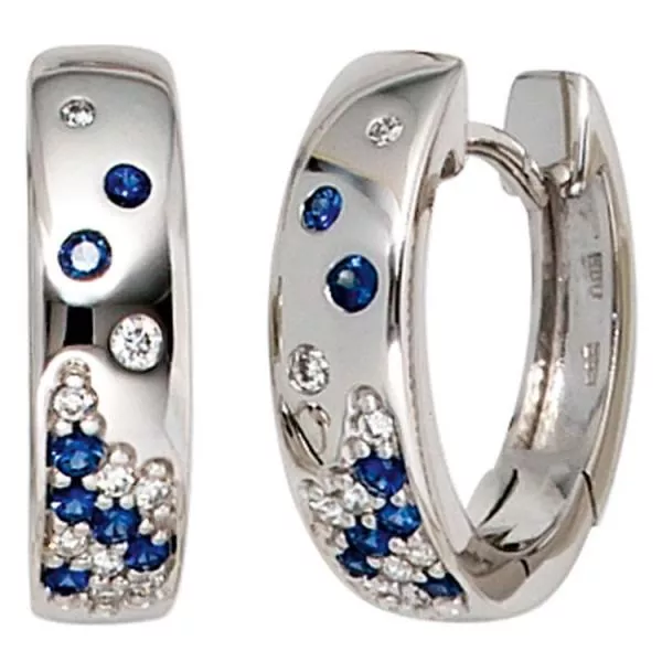 Creolen aus 585 Weißgold 18 Diamanten Brillanten 14 Saphre blau Ohrringe