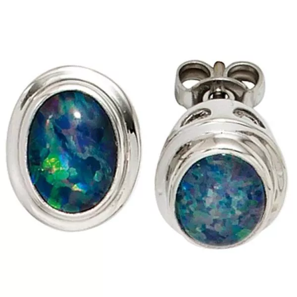 Ohrstecker oval 585 Weißgold 2 Opaltripletten Ohrringe Goldohrstecker