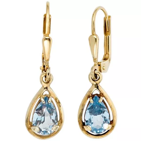 Boutons Tropfen aus 333 Gelbgold 2 Spinelle hellblau blau Ohrhänger