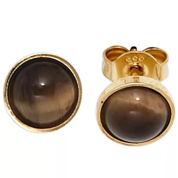 Ohrstecker rund 333 Gelbgold 2 Tigeraugen braun Goldohrstecker