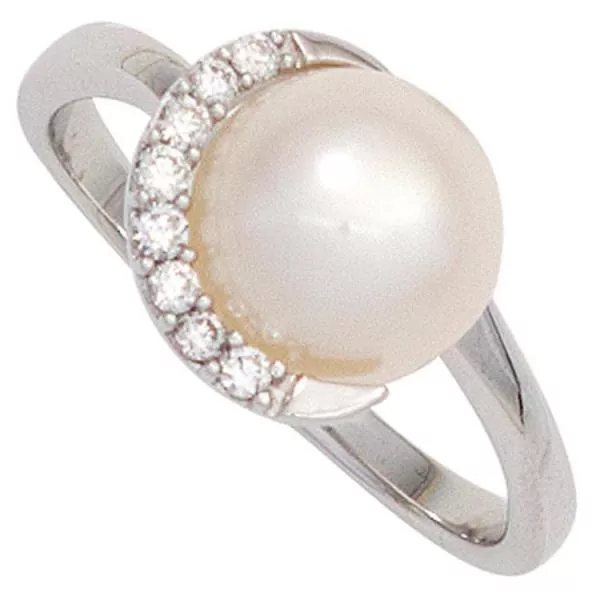 Damen Ring 585 Weißgold mit 1 Perle 8 Diamanten