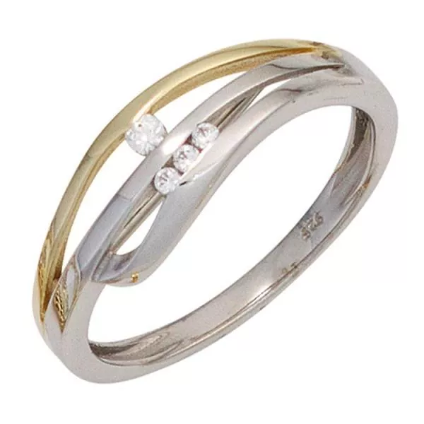 Damen Ring 925 Sterling Silber bicolor 4 Zirkonia