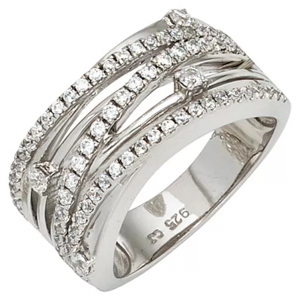 Damen Ring breit aus 925 Sterling Silber rhodiniert Zirkonia
