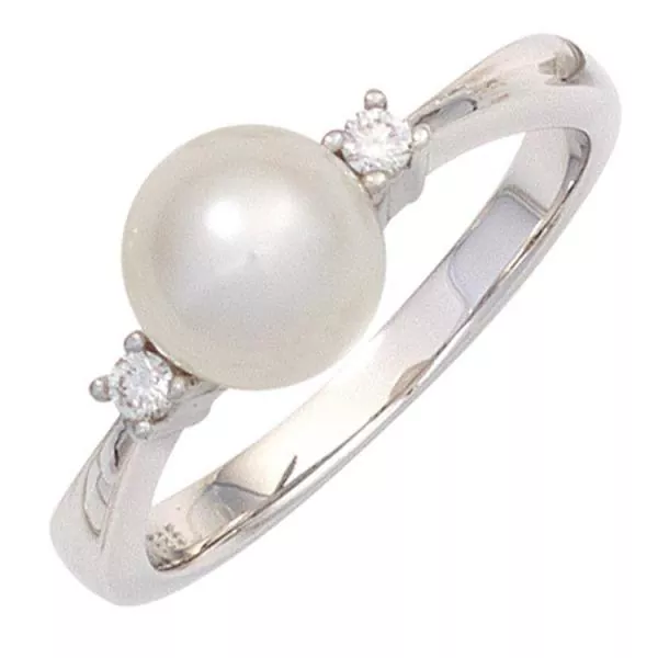 Damen Ring 585 Gold Weißgold 1 Süßwasser Perle 2 Diamanten Brillanten