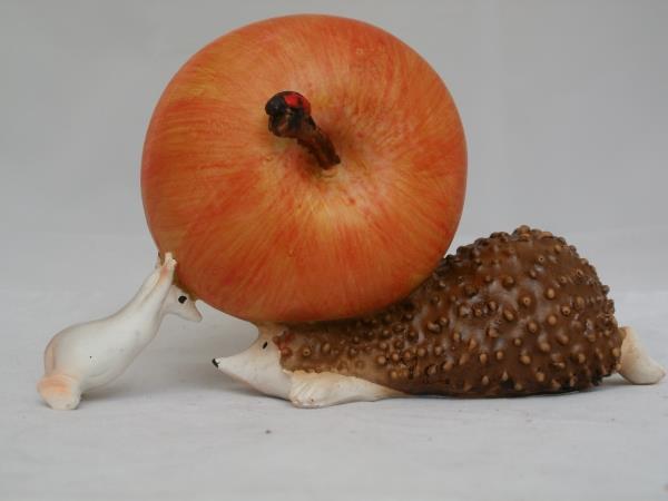 13 cm großer Igel mit einem Apfel