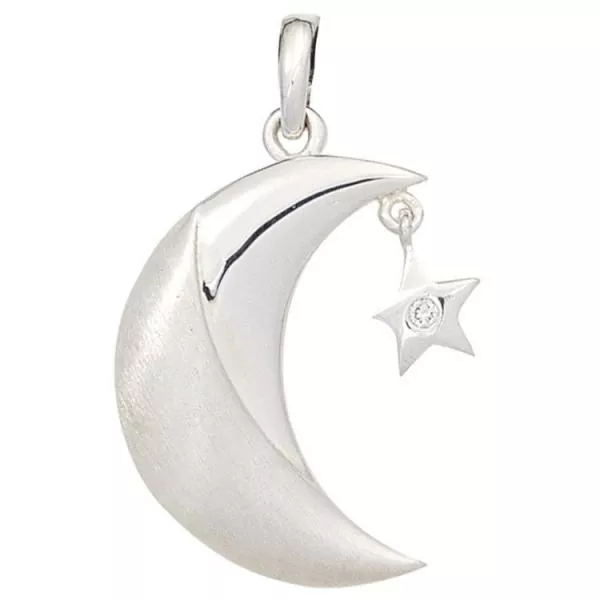 Anhänger Mond Silber rhodiniert teilmattiert 1 Zirkonia