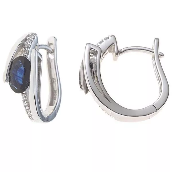 Creolen aus 585 Weißgold mit 2 blauen Saphiren und 16 Diamanten