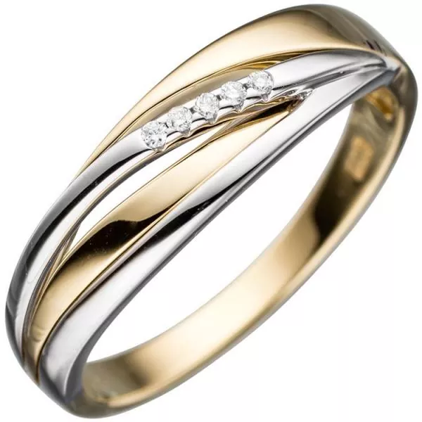 Damen Ring 585 Gelbgold Weißgold, bicolor mit 5 Diamanten