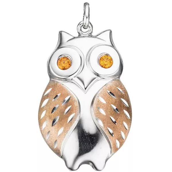 Anhänger Eule 925 Silber rotgold vergoldet bicolor 2 Zirkonia orange