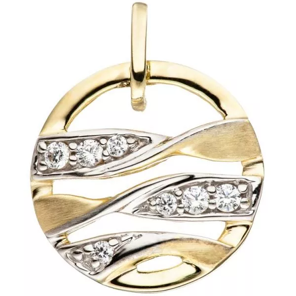 Anhänger rund 333 Gold Gelbgold bicolor teil matt mit Zirkonia