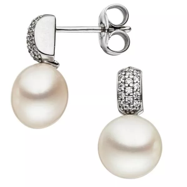 Ohrstecker aus 333 Weißgold mit 2 Süßwasser Perlen und 32 Zirkonia