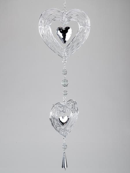 Hängedeko 2 Herzen aus Metall und Glas, silber, 65 cm