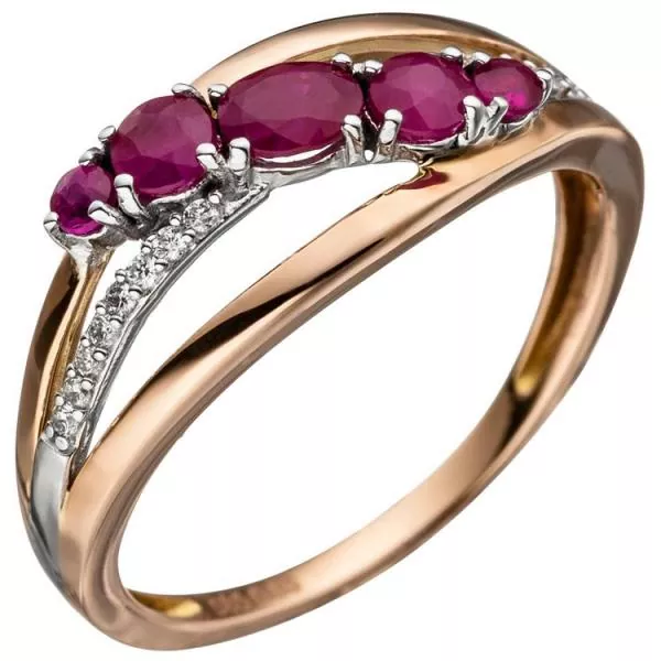 Damen Ring 585 Gold Rotgold 5 Rubine rot 16 Diamanten