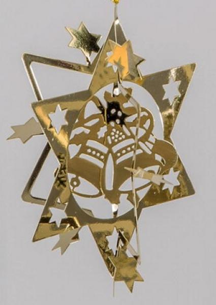 9 cm großer weihnachtlicher Deko-Hänger Stern mit Glöckchen in Gold