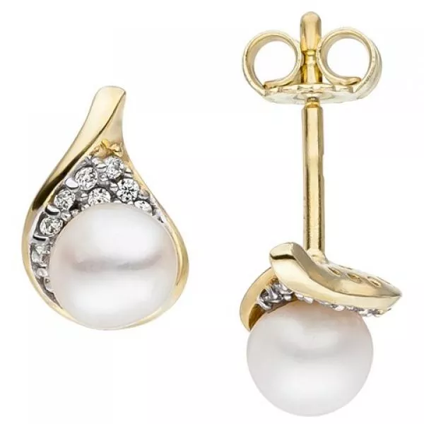 Ohrstecker aus 375 Gelbgold mit 2 Süßwasser Perlen und 20 Zirkonia