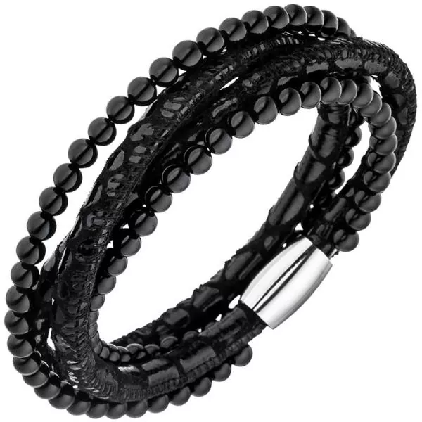 19 cm Armband aus Leder in Schwarz mit Onyx Kugeln und Edelstahl