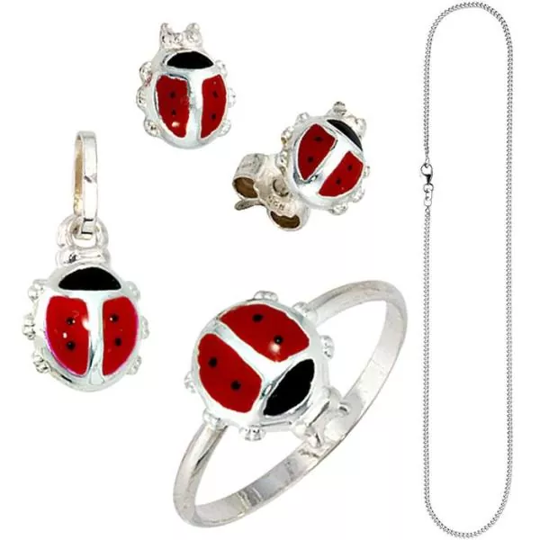 Kinder Schmuck-Set Marienkäfer, 925 Silber Anhänger Ohrringe Ring Kette 42 cm