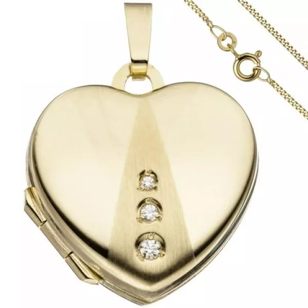 Medaillon Herz zum Öffnen für Fotos 333 Gold 3 Zirkonia Kette 50 cm