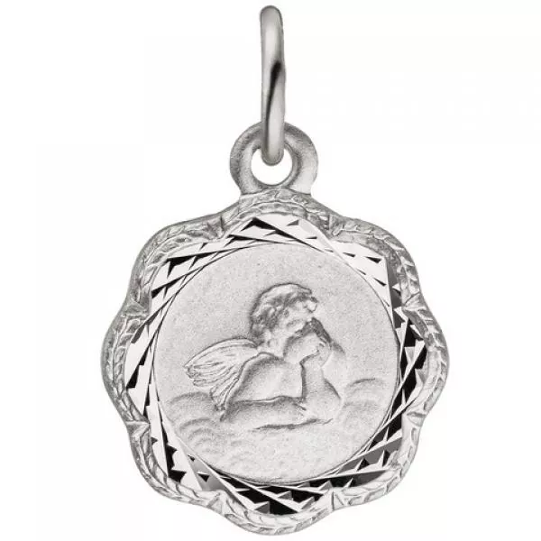 Runder Anhänger mit Engel aus 925 Silber teil matt