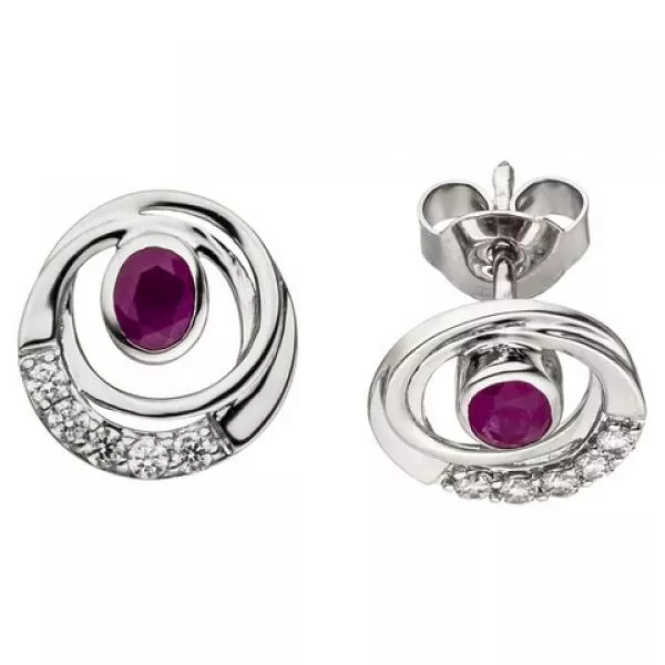 Ohrstecker 375 Gold Weißgold 10 Zirkonia 2 Rubine Ohrringe Rubinohrringe