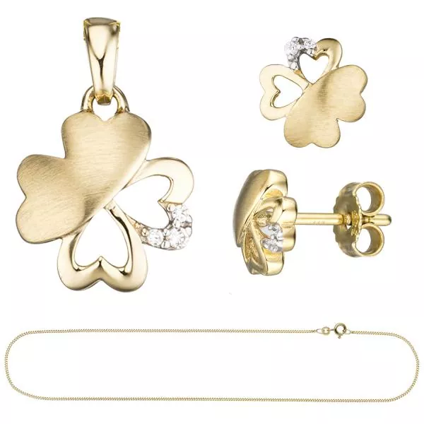 Schmuck-Set Kleeblatt 333 Gold Gelbgold mit 7 Zirkonia Ohrringe und Kette 42 cm