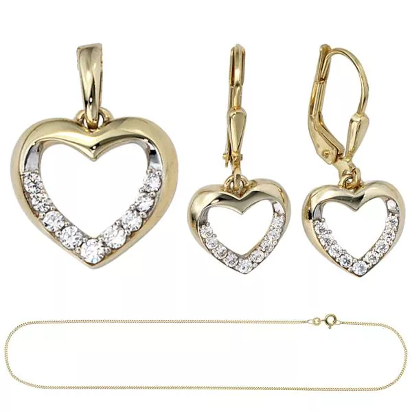 Schmuck-Set Herz aus 333 Gelbgold Zirkonia Ohrringe Anhänger und Kette 45 cm