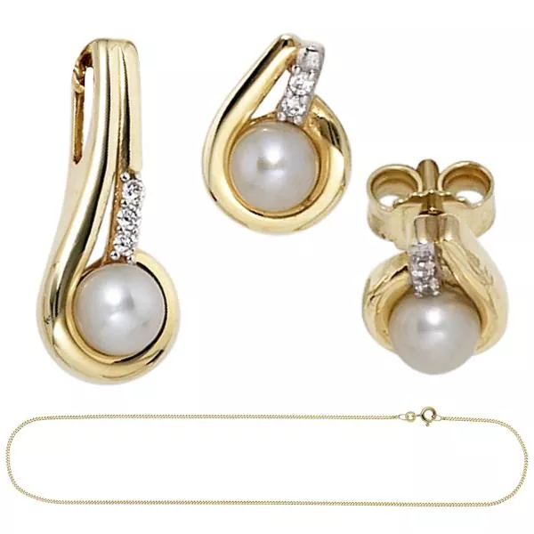Schmuck-Set aus 333 Gold Gelbgold Perlen Zirkonia Ohrringe und Kette 45 cm