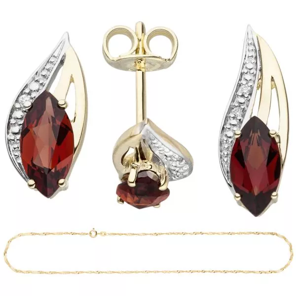 Schmuck-Set 585 Gold Gelbgold mit Granaten und Diamanten mit Kette 42 cm