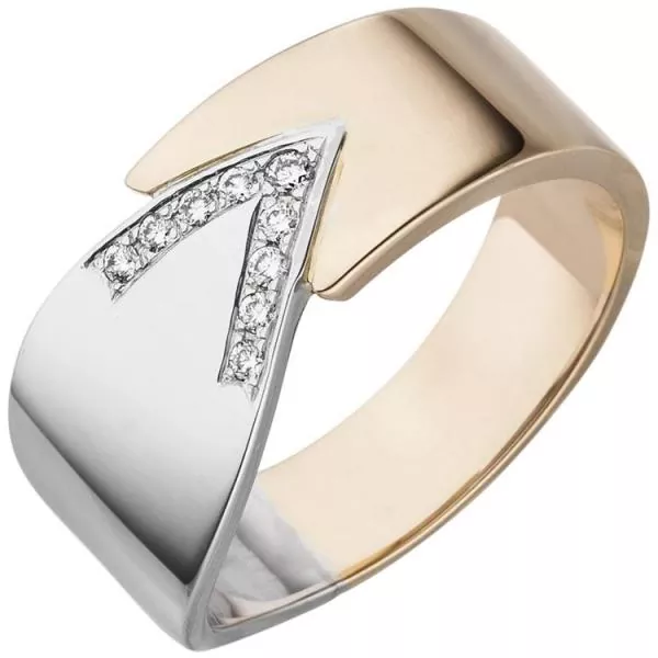 Damen Ring 585 Gold Weißgold Rotgold bicolor, 9 Diamanten