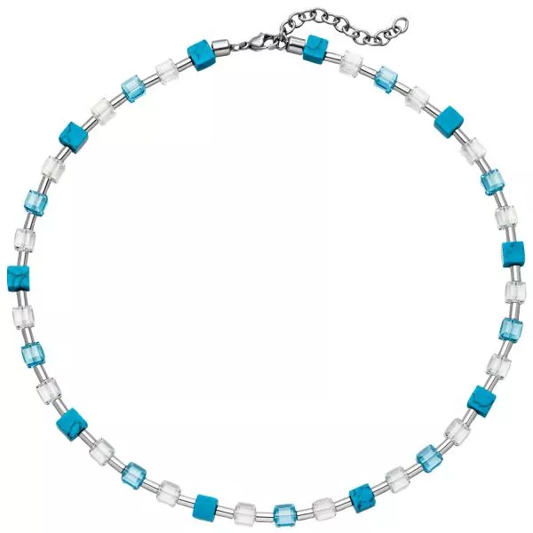 Halskette mit Kristallsteinen Türkis-Würfeln und Edelstahl 48 cm