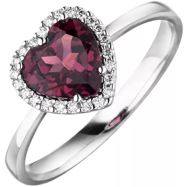 Damen Ring Herz 585 Gold Weißgold 1 Rhodolith 24 Diamanten Brillanten