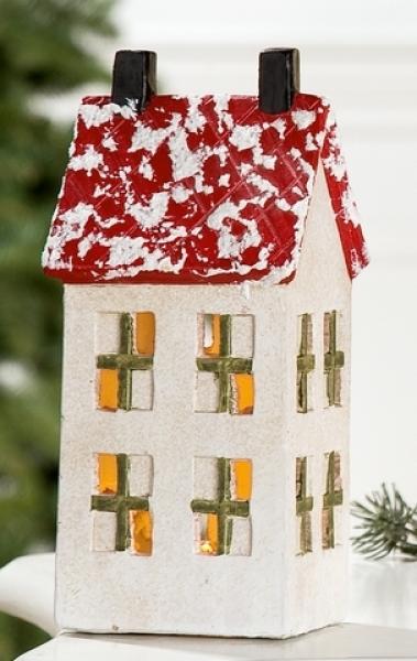 10 cm großes Deko Haus aus Keramik mit einem rot-weißen Dach und weißer Fassade