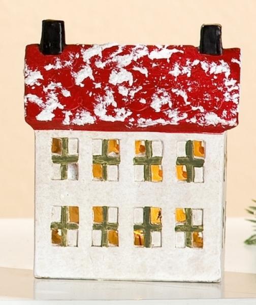 18 cm großes Deko-Haus aus Keramik mit einem rot-weißen Dach und weißer Fassade