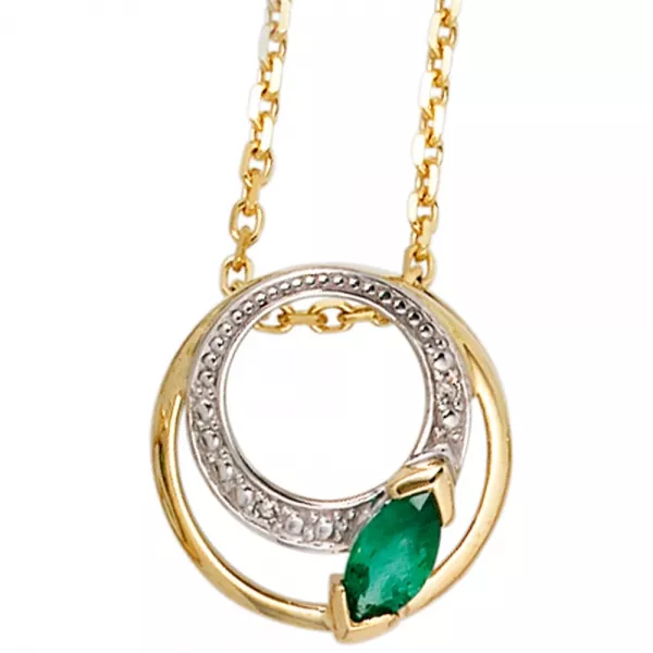 Anhänger rund 585 Gold Gelbgold 2 Diamanten 0,01 ct. 1 Smaragd grün