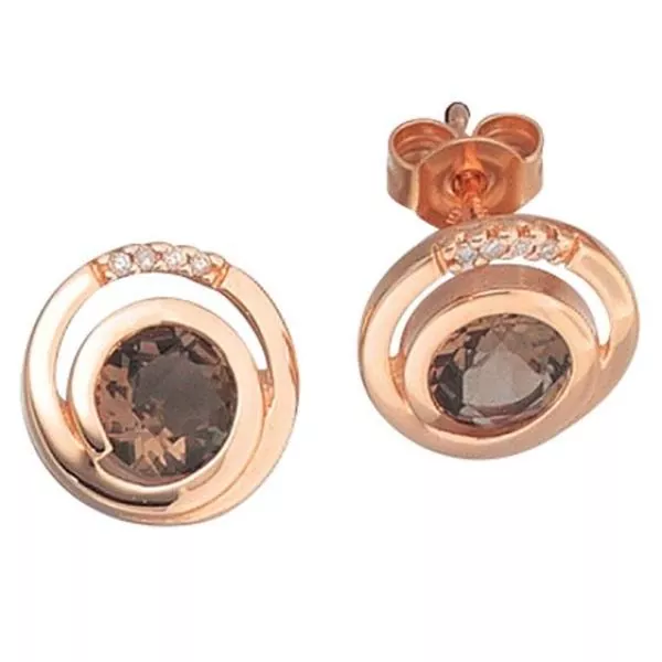 Ohrstecker rund 585 Rotgold 8 Diamanten Brillanten 2 Rauchquarze