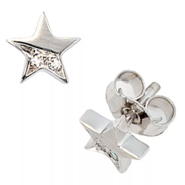 Ohrstecker Stern 585 Weißgold matt 1 Diamant Brillant 0,022 ct.